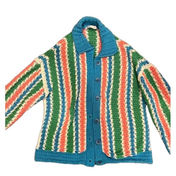 Zara Cardigan Sweater Crochet Knit Blue Pink Striped Casual Colorful, Size M - Picture 2 of 5